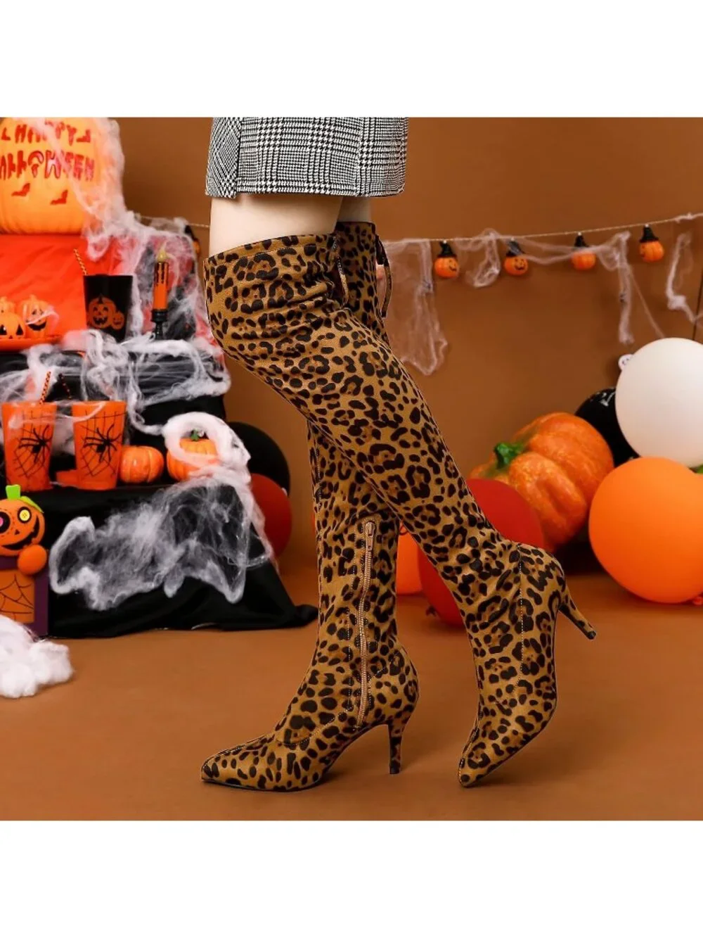 Women's Leopard Round Toe Chunky Heel Lace Up Synthetic Over The Knee High Boots